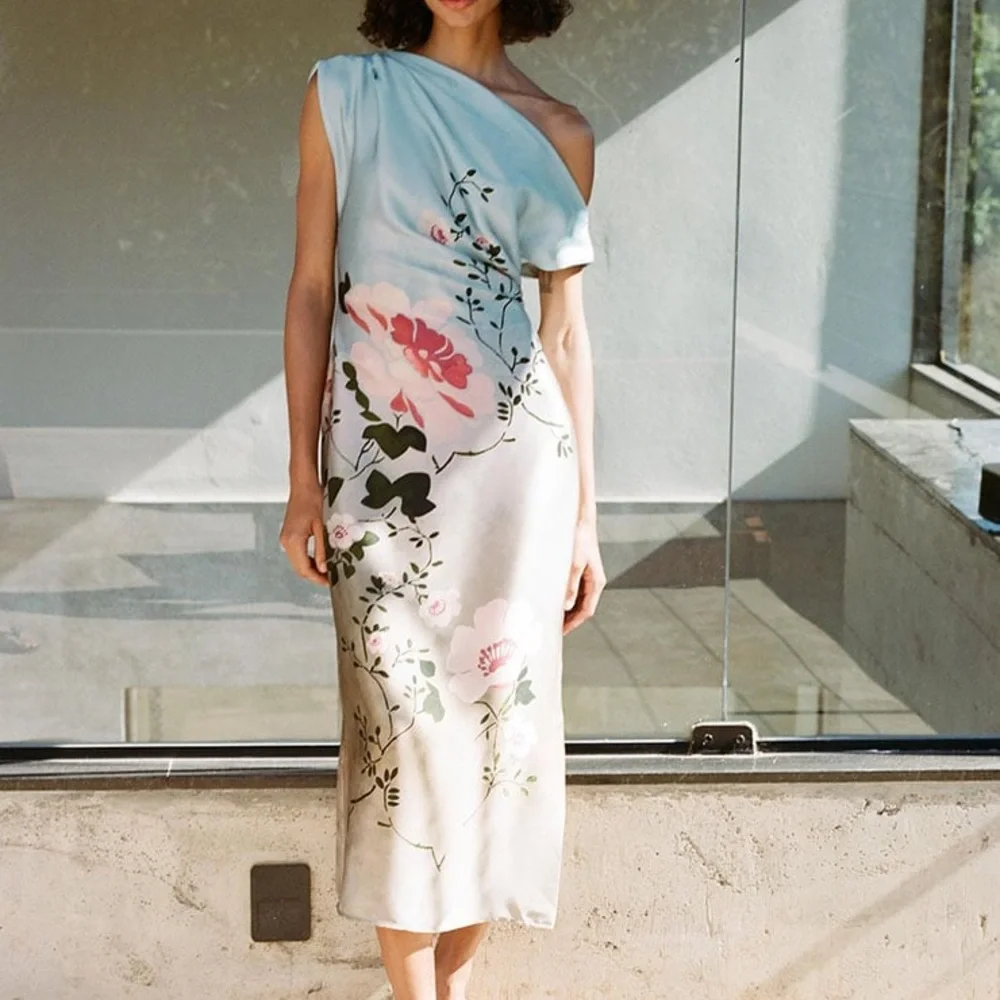 As seen on red carpet! Zara SATIN EFFECT ASYMMETRIC FLORAL MIDI / MAXI DRESS XS - Picture 2 of 3